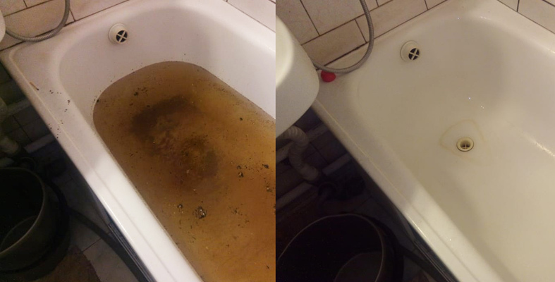 Засор в ванной устранен. Фото ванной до и после засора.